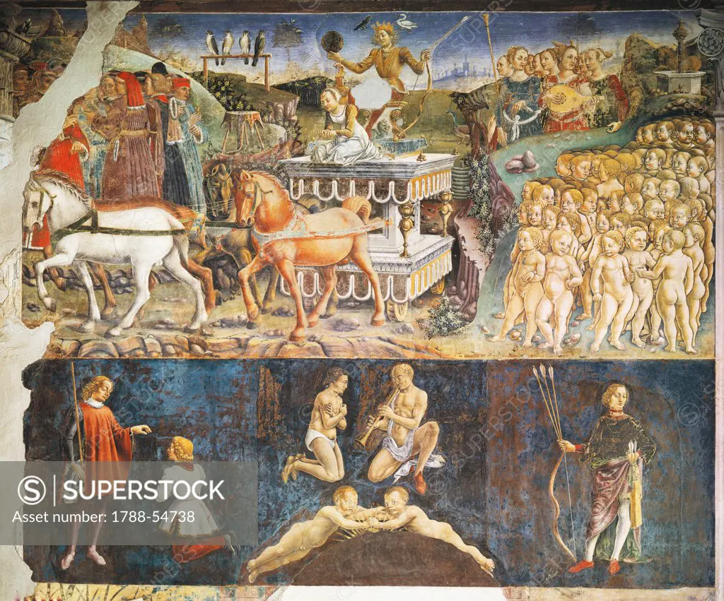 Triumph of Apollo and Sign of Gemini, scenes from Month of May, ca 1470, by Francesco del Cossa (ca 1435-1477), fresco, east wall, Hall of the Months, Palazzo Schifanoia (Palace of Joy), Ferrara, Emilia-Romagna. Detail. Italy, 15th century.