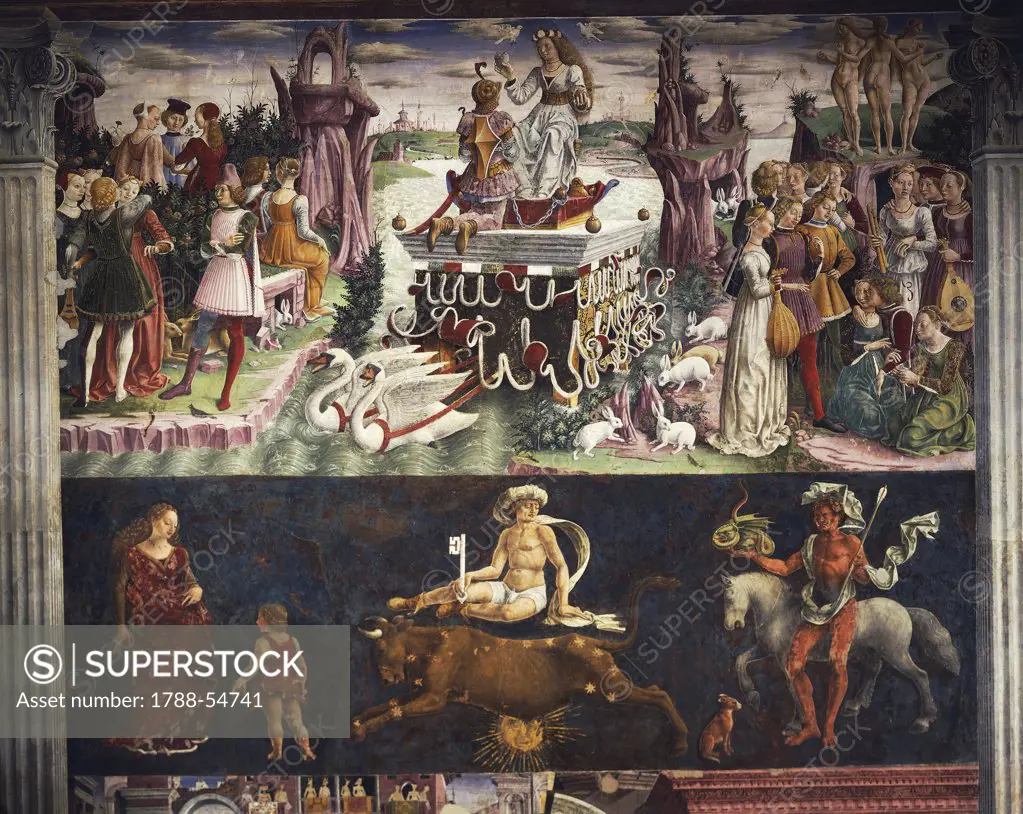 Triumph of Venus and Sign of Taurus, scenes from Month of April, ca 1470, by Francesco del Cossa (ca 1435-1477), fresco, east wall, Hall of the Months, Palazzo Schifanoia (Palace of Joy), Ferrara, Emilia-Romagna. Italy, 15th century.