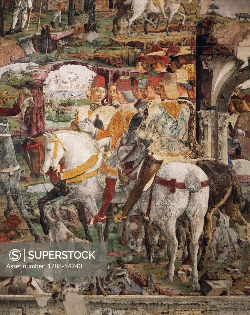 Borso d'Este departing for the hunt, scene from Month of March, ca 1470, by Francesco del Cossa (ca 1435-1477), fresco, east wall, Hall of the Months, Palazzo Schifanoia (Palace of Joy), Ferrara, Emilia-Romagna. Italy, 15th century.