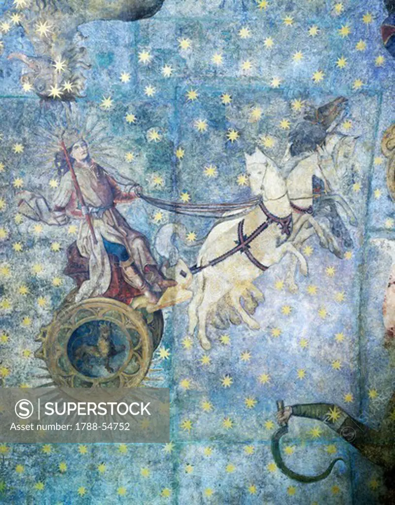 Chariot of Jupiter, 16th century, detail from the Zodiac frescoes in the dome of the old library, University of Salamanca, Spain.