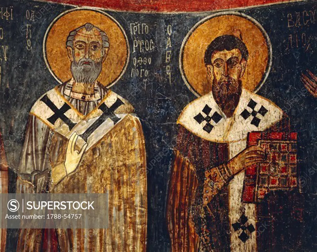 Fresco depiciting St Basil the Great and St Gregory, fathers of the church, 10th-11th century, Eski Gumus Monastery (Gumusler), Cappadocia. Turkey.