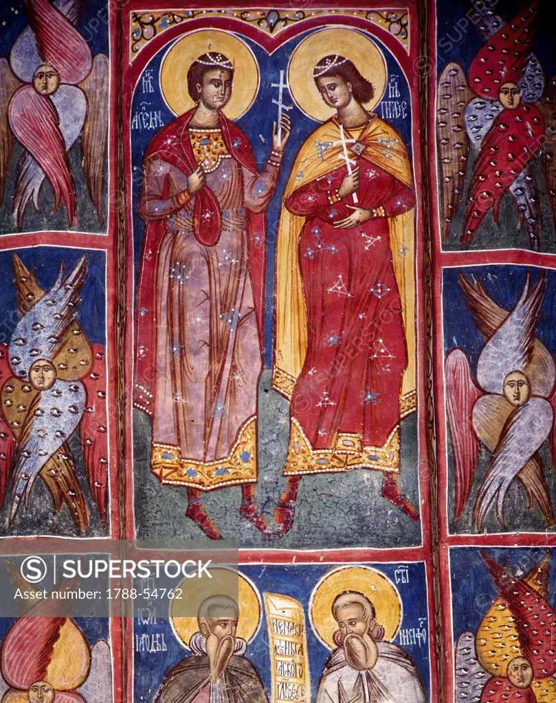 Constantine, St Helena, Saints and Seraphims, fresco by an unknown 16th century artist, preserved at the Moldovita Monastery. Romania, 16th century.