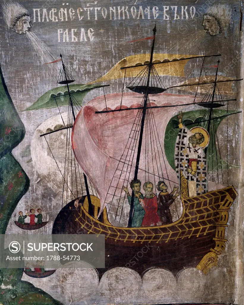 St Nicholas' ship in the storm, detail from The life of St Nicholas, fresco in the Sucevita Monastery (UNESCO World Heritage List, 1993). Romania, 16th century.