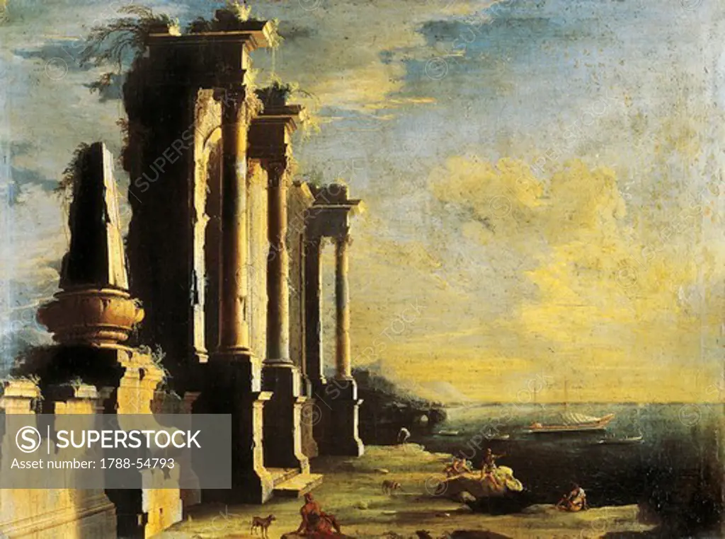 Harbour with ruins, painting by Leonardo Coccorante (1680-1750).