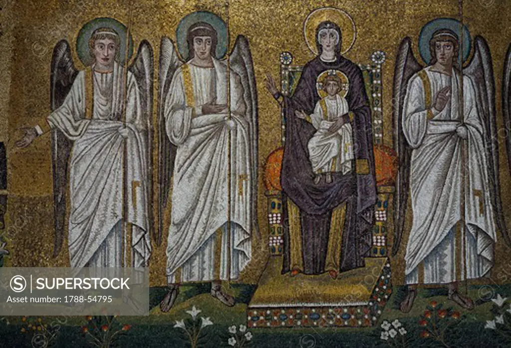 Enthroned Madonna and Child with angels, mosaic, north wall, the lower register, the Basilica of St Apollinaris Nuovo (UNESCO World Heritage List, 1996), Ravenna, Emilia-Romagna. Detail. Italy, 6th century.