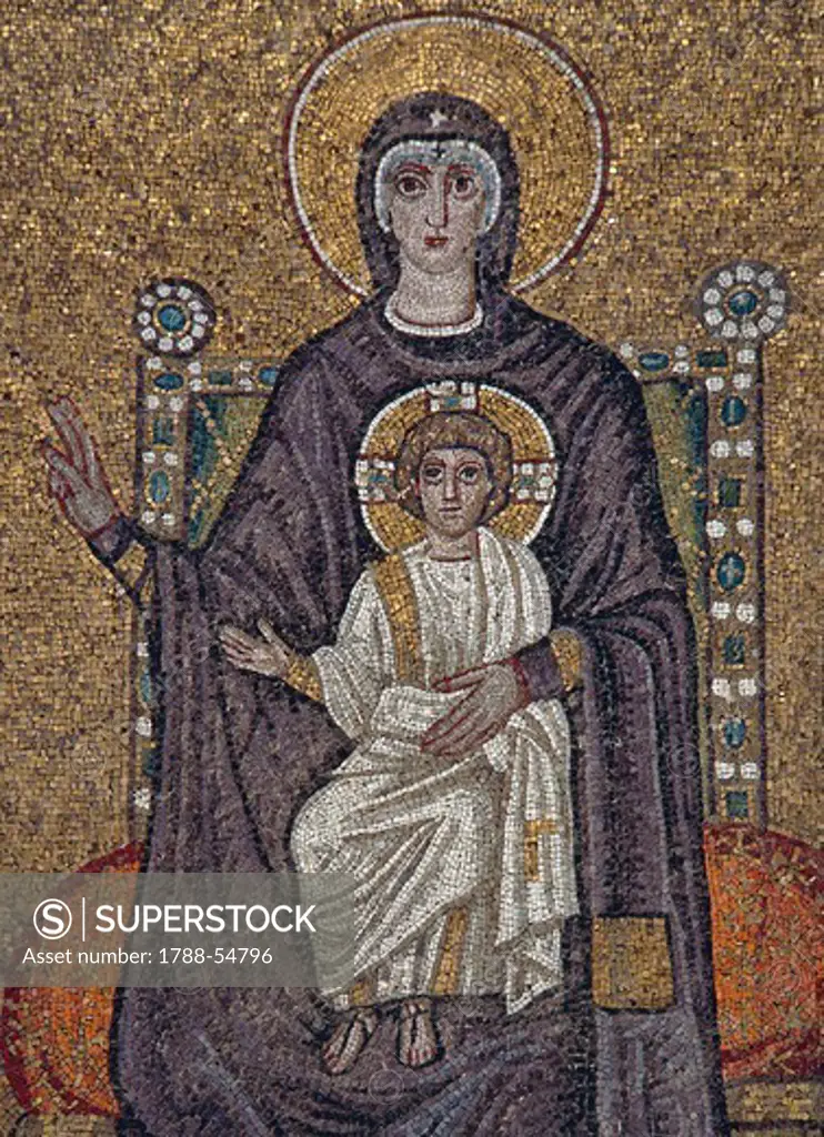 Enthroned Virgin and Child with angels, mosaic, north wall, Basilica of Sant'Apollinare Nuovo (UNESCO World Heritage List, 1996), Ravenna, Emilia-Romagna. Detail. Italy, 5th-6th century.
