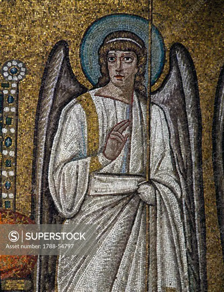Angel, detail of the Enthroned Madonna and Child with angels, mosaic, north wall, the lower register, the Basilica of St Apollinaris Nuovo (UNESCO World Heritage List, 1996), Ravenna, Emilia-Romagna. Italy, 6h century.