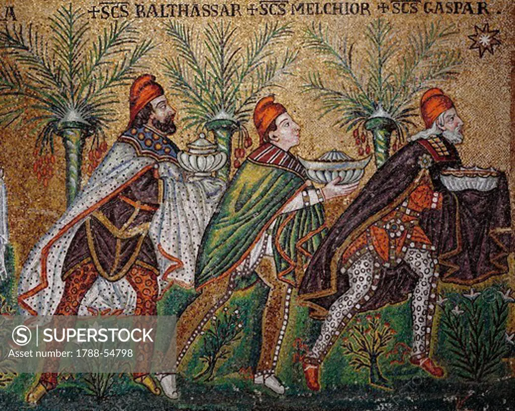 Magi Kings being guided by a star, mosaic, north wall, lower level, Basilica of Sant'Apollinare Nuovo (UNESCO World Heritage List, 1996), Ravenna, Emilia-Romagna. Italy, 6th century.