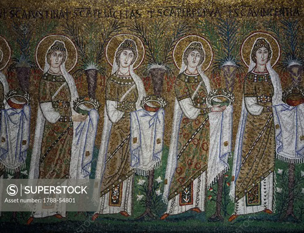 Holy Virgins Procession, mosaic, north wall, lower level, Basilica of Sant'Apollinare Nuovo (UNESCO World Heritage List, 1996), Ravenna, Emilia-Romagna. Detail. Italy, 6th century.