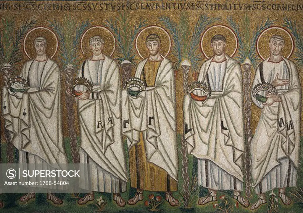 St Clement, St Sixtus, St Lawrence, Hippolytus and St Cornelius, detail from the Saints Procession, mosaic, south wall, lower level, Basilica of Sant'Apollinare Nuovo (UNESCO World Heritage List, 1996), Ravenna, Emilia-Romagna. Italy, 6th century.