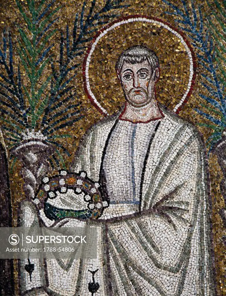 St Clement, detail from the Saints Procession, mosaic, south wall, lower level, Basilica of Sant'Apollinare Nuovo (UNESCO World Heritage List, 1996), Ravenna, Emilia-Romagna. Italy, 6th century.