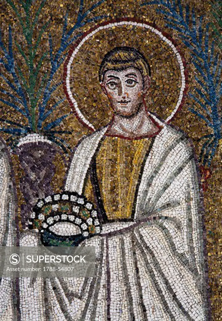 St Lawrence (San Lorenzo), detail from the Saints Procession, mosaic, south wall, lower level, Basilica of Sant'Apollinare Nuovo (UNESCO World Heritage List, 1996), Ravenna, Emilia-Romagna. Italy, 6th century.