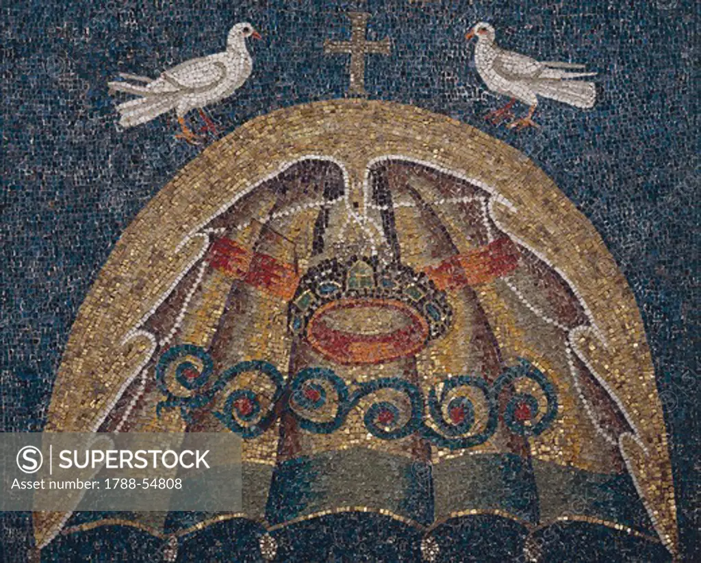 Shell-shaped Umbracolo, mosaic, Basilica of St Apollinaris Nuovo (UNESCO World Heritage List, 1996), Ravenna, Emilia-Romagna. Italy, 5th-6th century.