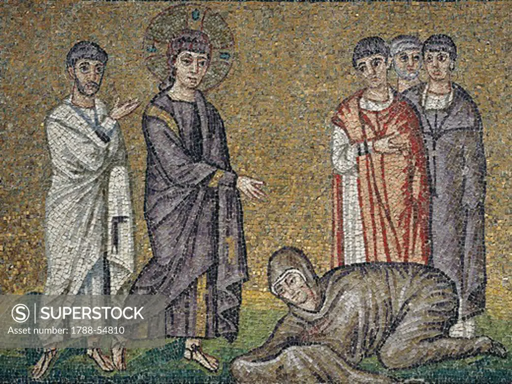 The healing of the hemorrhage, mosaic, north wall, upper level, Basilica of Sant'Apollinare Nuovo (UNESCO World Heritage Site, 1996), Ravenna, Emilia-Romagna. Italy, 5th-6th century.