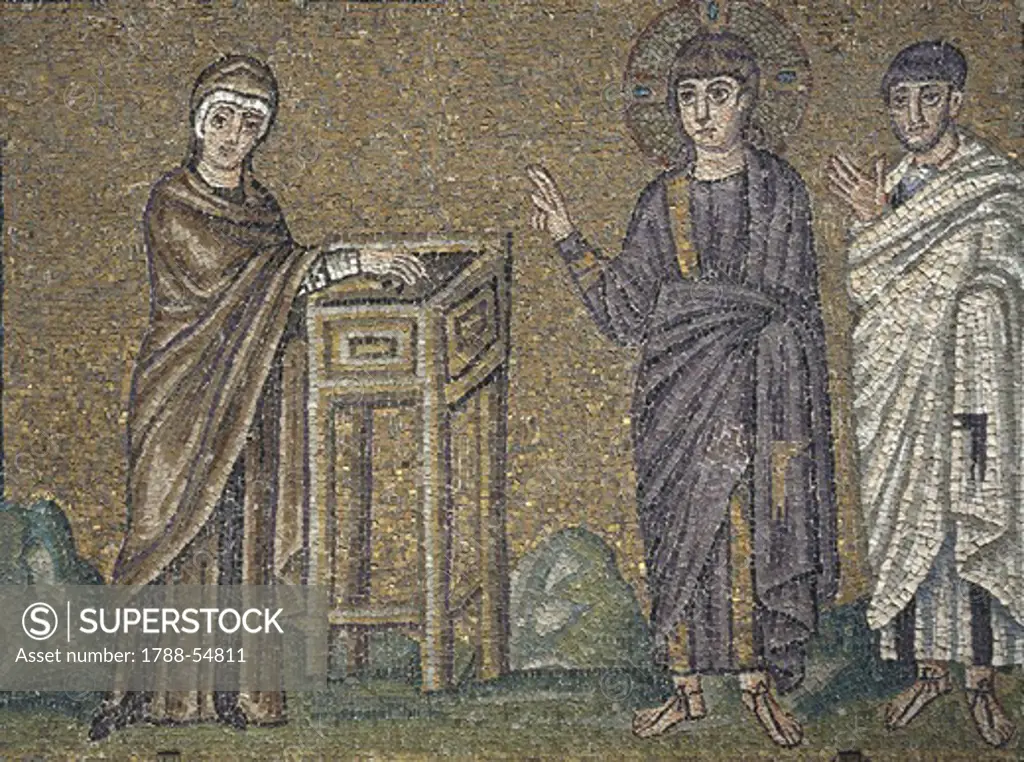 Widow's mite, mosaic, north wall, upper level, Basilica of Sant'Apollinare Nuovo (UNESCO World Heritage List, 1996), Ravenna, Emilia-Romagna. Italy, 5th-6th century.