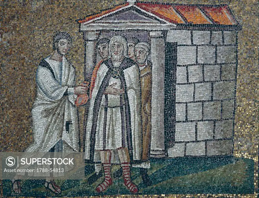 Judas' repentance with the returning of the thirty pieces to Caiaphas, mosaic, south wall, upper level, Basilica of Sant'Apollinare Nuovo (UNESCO World Heritage List, 1996), Ravenna, Emilia-Romagna. Italy, 5th-6th century.