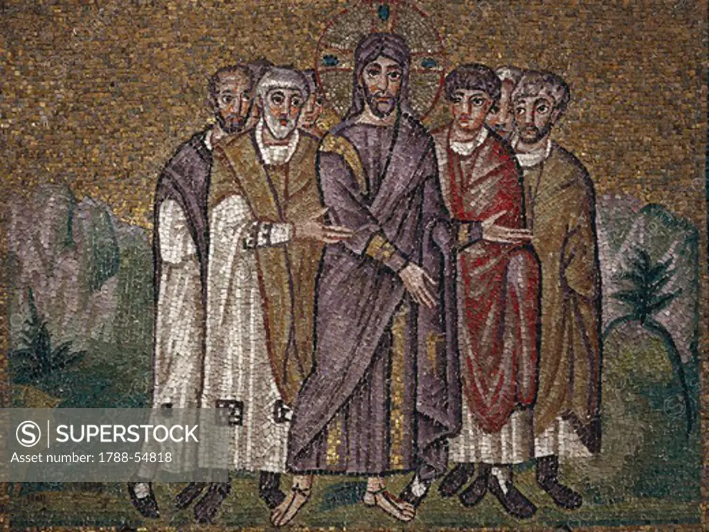 Jesus being brought to trial, mosaic, south wall, upper level, Basilica of Sant'Apollinare Nuovo (UNESCO World Heritage Site, 1996), Ravenna, Emilia-Romagna. Italy, 5th-6th century.