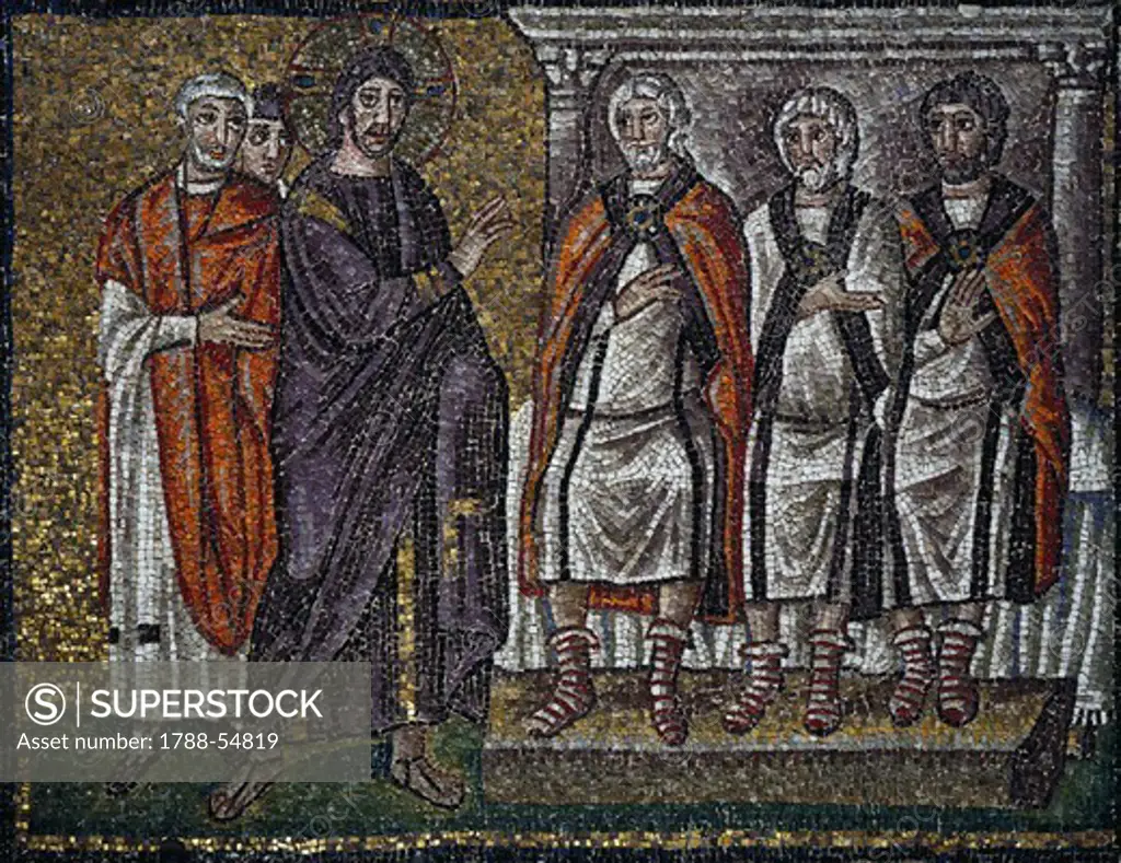 Jesus in front of the Sanhedrin, mosaic, south wall, upper level, Basilica of Sant'Apollinare Nuovo (UNESCO World Heritage List, 1996), Ravenna, Emilia-Romagna. Italy, 5th-6th century.