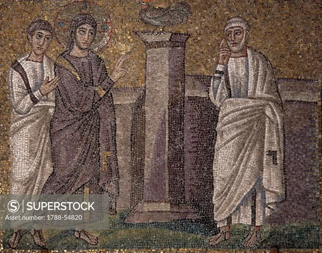 Announcing the denial of Peter, mosaic, south wall, upper level, Basilica of Sant'Apollinare Nuovo (UNESCO World Heritage List, 1996), Ravenna, Emilia-Romagna. Italy, 5th-6th century.