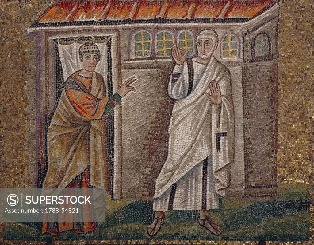 Peter denying Jesus, mosaic, south wall, upper level, Basilica of Sant'Apollinare Nuovo (UNESCO World Heritage List, 1996), Ravenna, Emilia-Romagna. Italy, 5th-6th century.