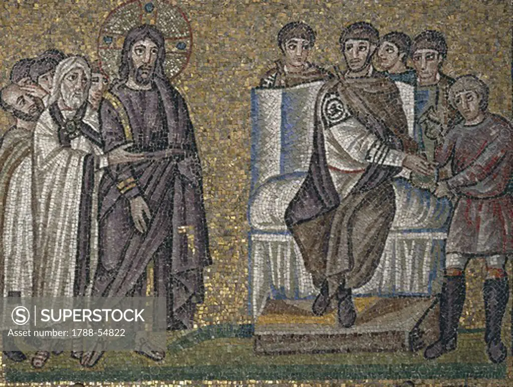 Christ before Pontius Pilate, mosaic, south wall, upper level, Basilica of Sant'Apollinare Nuovo (UNESCO World Heritage List, 1996), Ravenna, Emilia-Romagna. Italy, 5th-6th century.