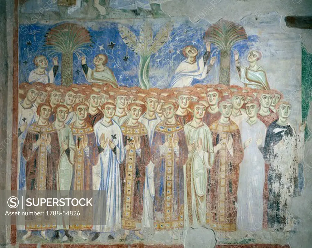 Common people, God's people, detail from the Universal Judgement, 1072-1078, Byzantine-Campanian school frescoes, counterfacade of the Basilica of Sant'Angelo in Formis, Sant'Angelo in Formis, Campania. Italy, 11th century.