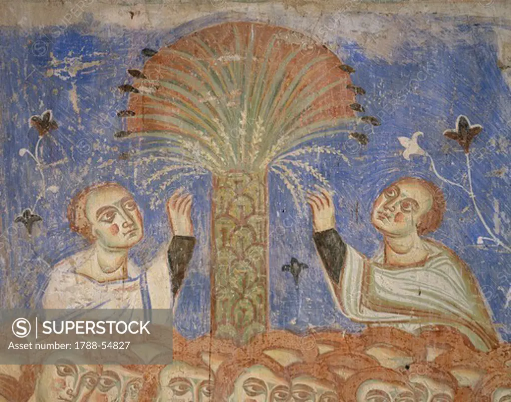 God's people, youth picking palm dates, detail from the Universal Judgement, 1072-1078, Byzantine-Campanian school frescoes, counterfacade of the Basilica of Sant'Angelo in Formis, Sant'Angelo in Formis, Campania. Italy, 11th century.