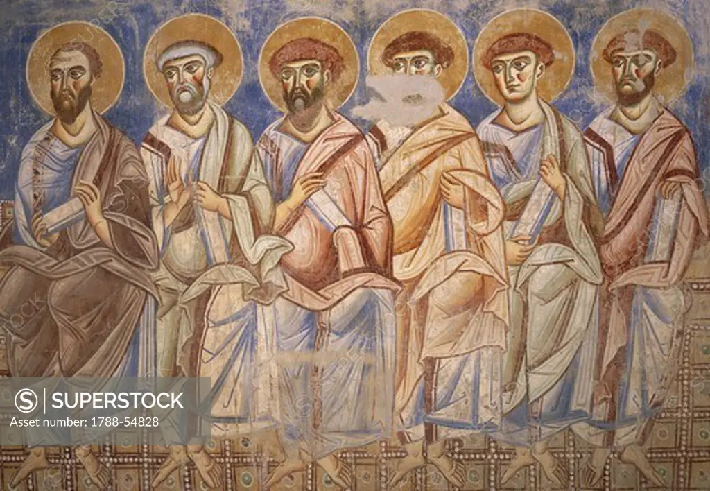The apostles, detail from the Universal Judgement, 1072-1078, Byzantine-Campanian school frescoes, counterfacade of the Basilica of Sant'Angelo in Formis, Sant'Angelo in Formis, Campania. Italy, 11th century.