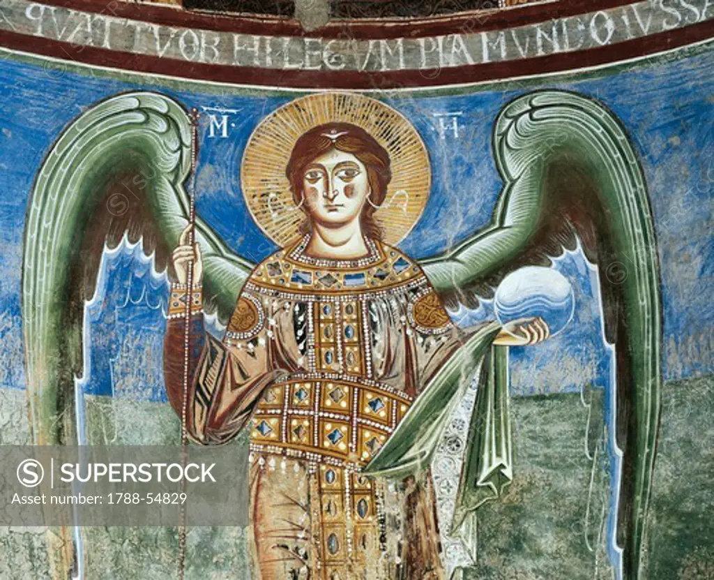 Archangel St Michael, 1072-1078, detail of Byzantine-Campanian school frescoes, apse half-dome of the Basilica of Sant'Angelo in Formis, Sant'Angelo in Formis, Campania. Italy, 11th century.