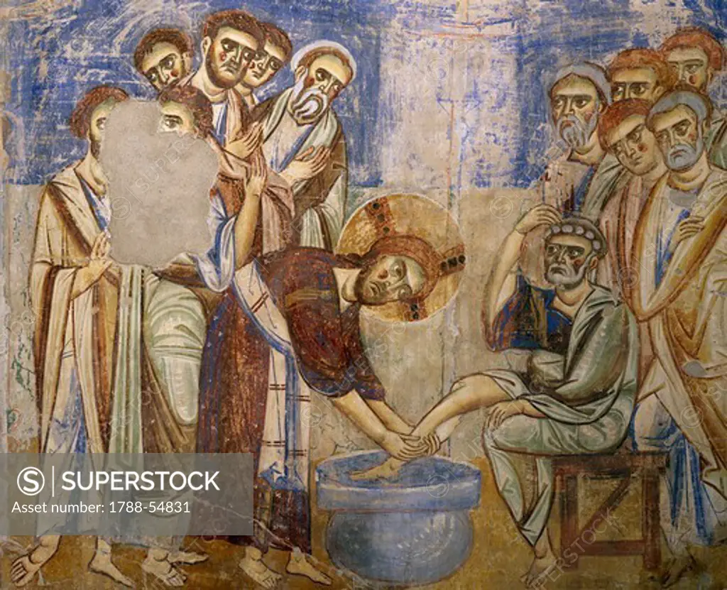 Washing of the Feet, detail from the Stories of the New Testament, 1072-1078, Byzantine-Campanian school frescoes, right side of the nave of Basilica of Sant'Angelo in Formis, Sant'Angelo in Formis, Campania. Italy, 11th century.