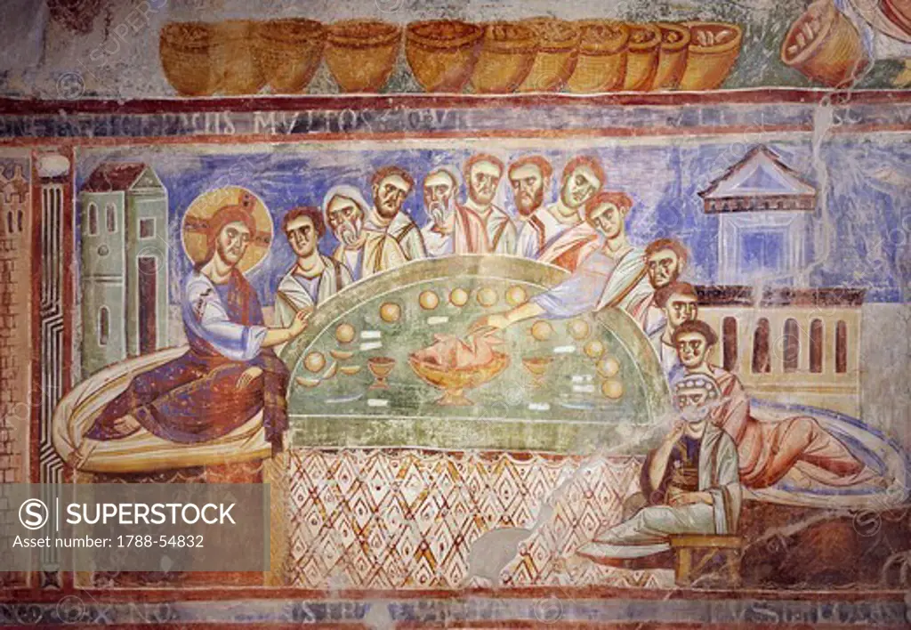 The Last Supper, detail from the Stories of the New Testament, 1072-1078, Byzantine-Campanian school frescoes, right side of the nave of Basilica of Sant'Angelo in Formis, Sant'Angelo in Formis, Campania. Italy, 11th century.