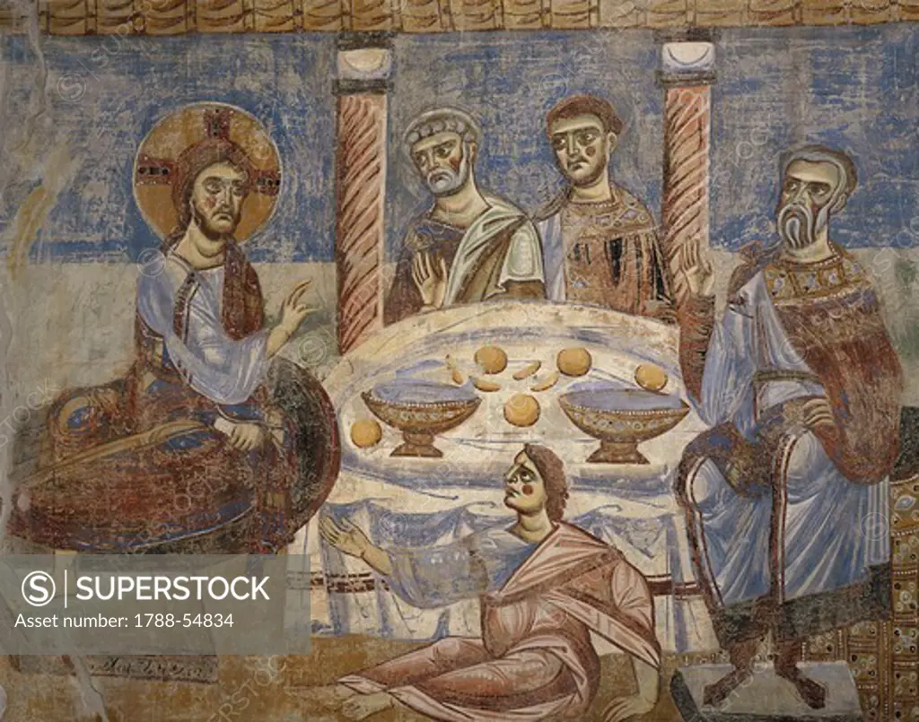 The dinner at Simon's house, detail from the Stories of the New Testament, 1072-1078, Byzantine-Campanian school frescoes, central nave of Basilica of Sant'Angelo in Formis, Sant'Angelo in Formis, Campania. Italy, 11th century.