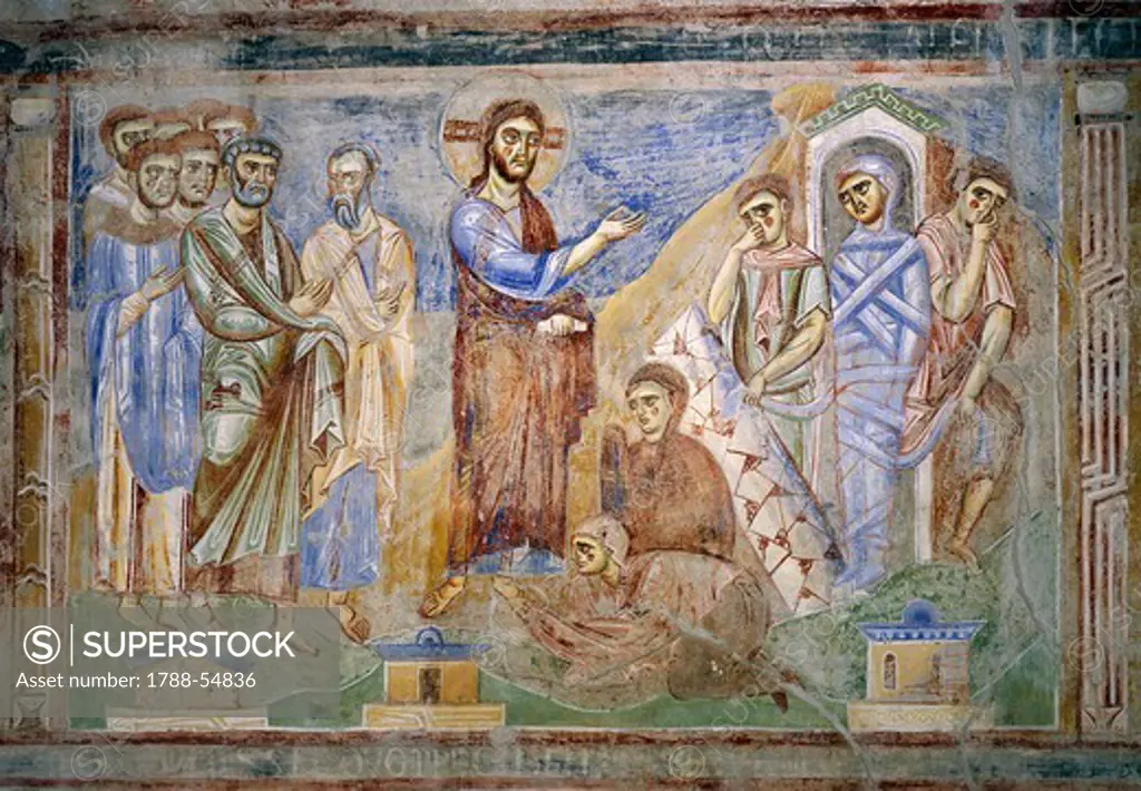 The Resurrection of Lazarus, detail from the Stories of the New Testament, 1072-1078, Byzantine-Campanian school frescoes, right side of the nave of Basilica of Sant'Angelo in Formis, Sant'Angelo in Formis, Campania. Italy, 11th century.