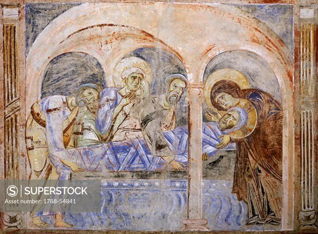 Deposition of Christ from the Cross, detail from the Stories of the New Testament, 1072-1078, Byzantine-Campanian school frescoes, left side of the nave of Basilica of Sant'Angelo in Formis, Sant'Angelo in Formis, Campania. Italy, 11th century.