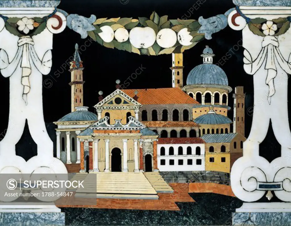 Architectural view, by the Corbarelli brothers, inlaid with precious stones, high altar, Basilica of St Justina, Padua, Veneto. Detail. Italy, 17th century.