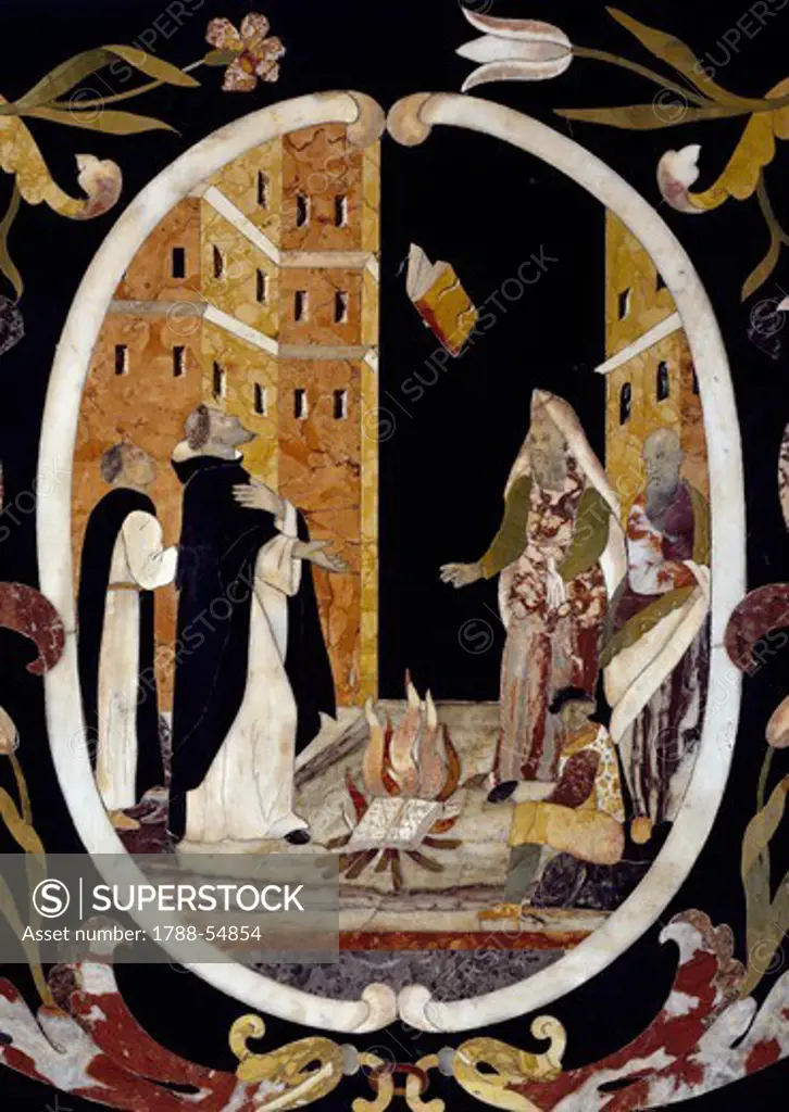 Inquisition, auto-da-fe (act of faith), 1670, by Francesco and Antonio Corbarelli, inlaid with semiprecious stones, altar, Church of Santa Corona, Vicenza, Veneto. Italy, 17th century.