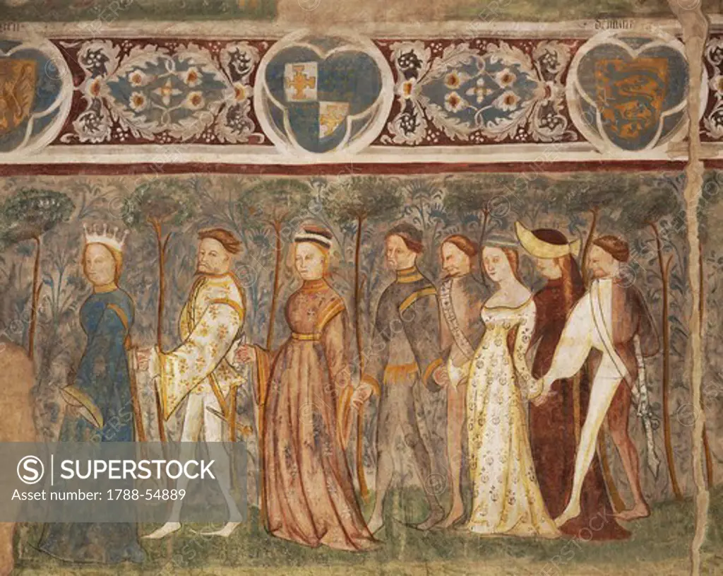 Courteous dance scene, by artists from the Bolzano School, fresco, south wall of Tournament Hall, Runkelstein Castle, near Bolzano, Trentino-Alto Adige. Italy, 14th-15th century.