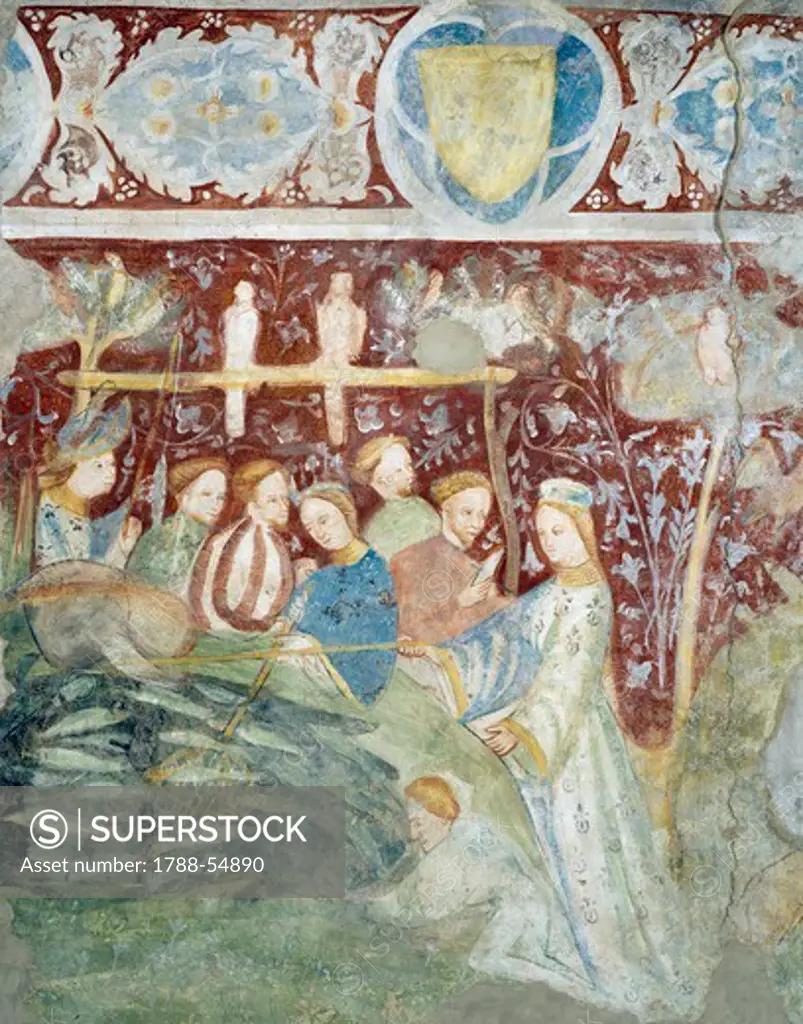 Fishing scene, by artists from the Bolzano School, fresco, east wall of Tournament Hall, Runkelstein Castle, near Bolzano, Trentino-Alto Adige. Italy, 14th-15th century.
