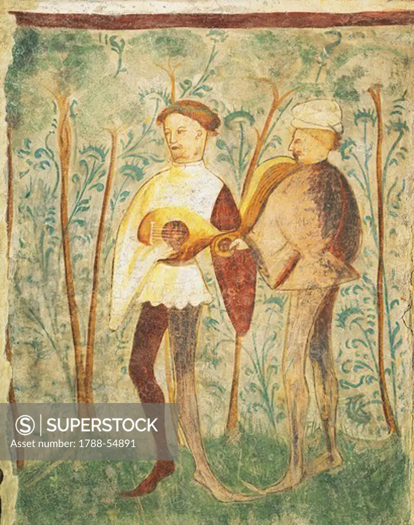 Musicians scene, by artists from the Bolzano School, fresco, south wall of Tournament Hall, Runkelstein Castle, near Bolzano, Trentino-Alto Adige. Italy, 14th-15th century.