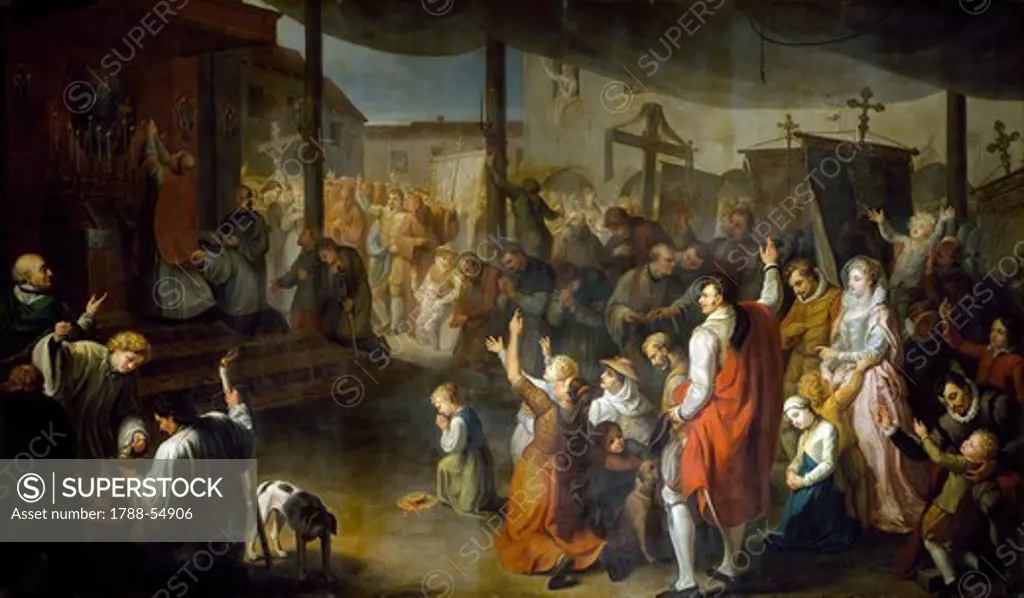 The vote of the citizens of Carmarthenshire to end the plague of 1630, 1810 fresco by Luigi Vacca (1778-1854). Collegiate Church of Saints Peter and Paul, Carmagnola. Italy, 19th century.