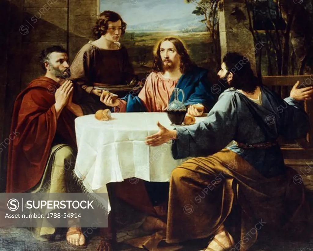 Supper at Emmaus, 1837, by Enrico Bandini (1807-1888), painting, Saint Lawrence and Saint Stephen Church, Sala Baganza, near Parma, Emilia-Romagna. Italy, 19th century.