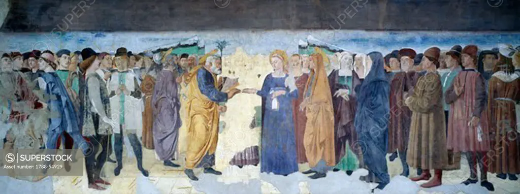 The Marriage of the Virgin, 1496, by Lorenzo da Viterbo, fresco. Mazzatosta Chapel, St Mary of the Trinity, Viterbo. Italy, 15th century.