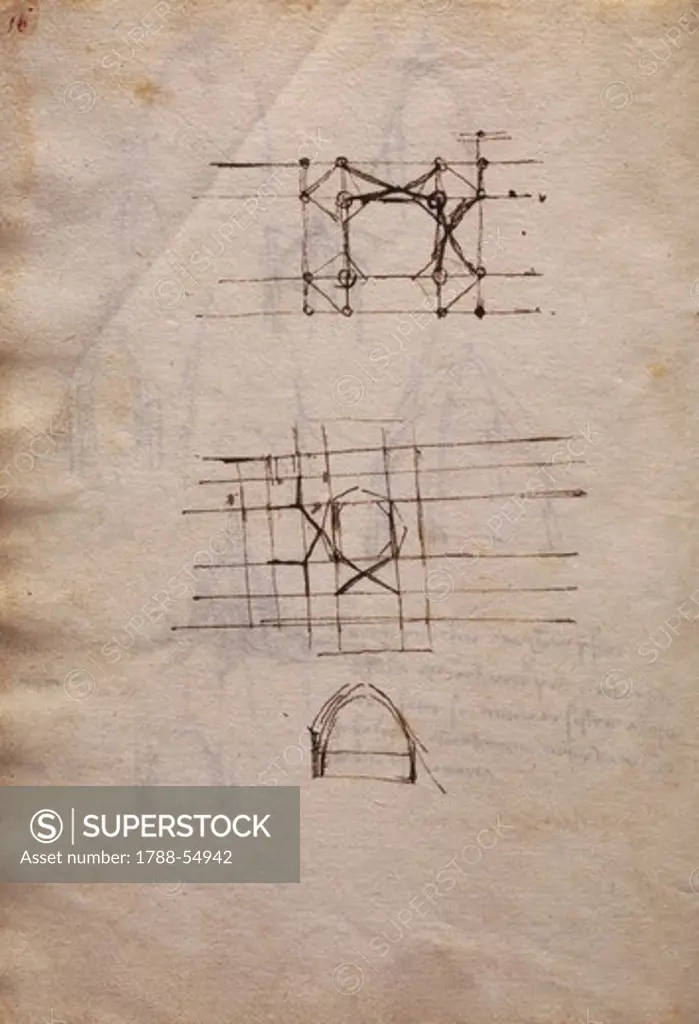 Studies for the lantern of the cathedral, from The Codex Trivulzianus, 1478-1490, by Leonardo da Vinci (1452-1519), folio 8 verso, page 16 in red ink.
