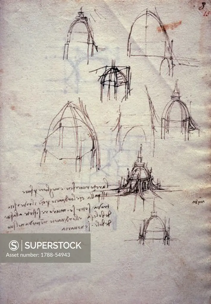 Studies for the lantern of the cathedral, The Codex Trivulzianus, 1478-1490, by Leonardo da Vinci (1452-1519), folio 8 recto in sepia ink, page 15 in red ink.