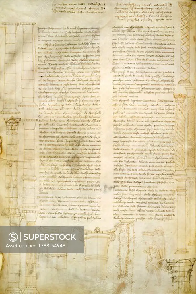 Architectural study: columns, from the Codex Ashburnham 361, by Leonardo da Vinci (1452-1519), folio 13 verso.