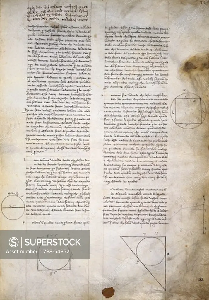 Geometry studies, from Codex Ashburnham 361, by Leonardo da Vinci (1452-1519), folio 32 recto.