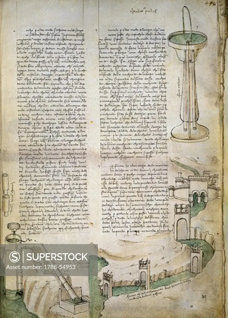Fountain, watercourse with system of locks, machine for lifting water, from the Codex Ashburnham 361, by Leonardo da Vinci (1452-1519), folio 41 recto.