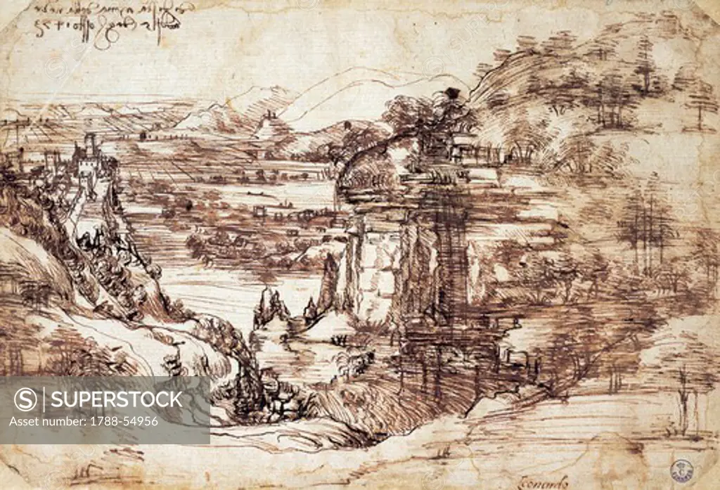 Landscape, by Leonardo da Vinci (1452-1519), drawing 8P recto.