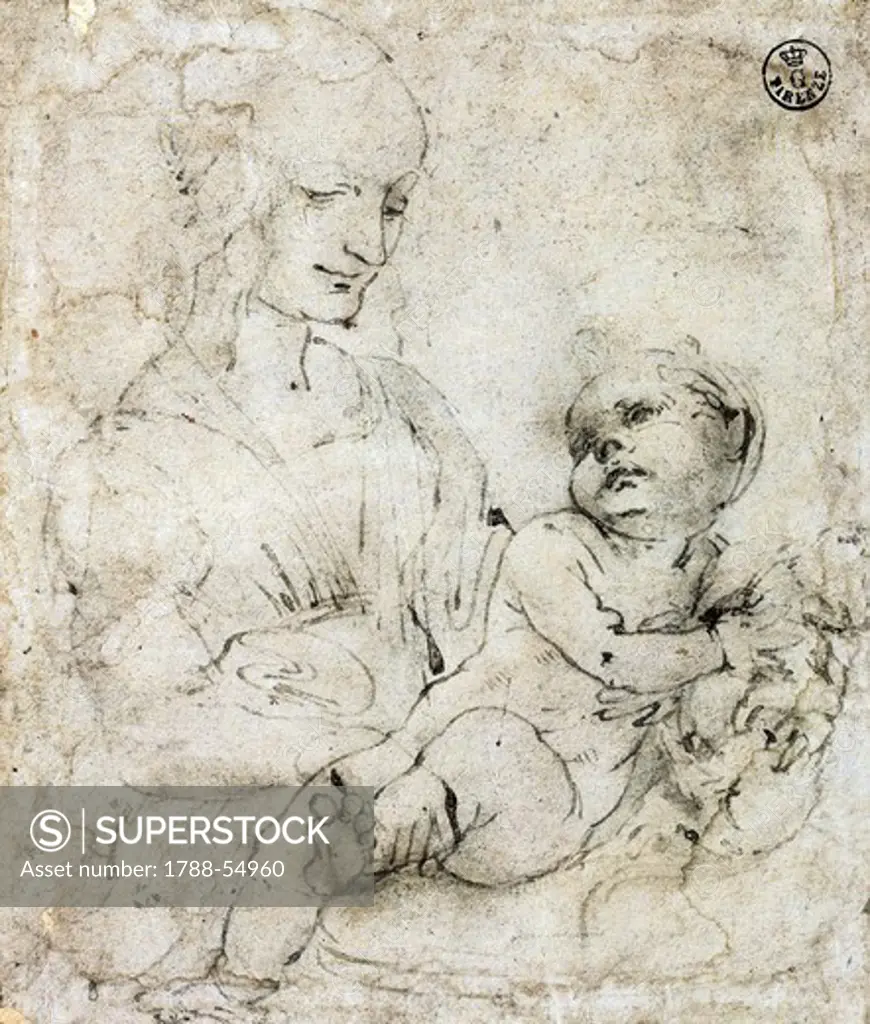 Study for Madonna of the Cat, by Leonardo da Vinci (1452-1519), drawing 421E recto.