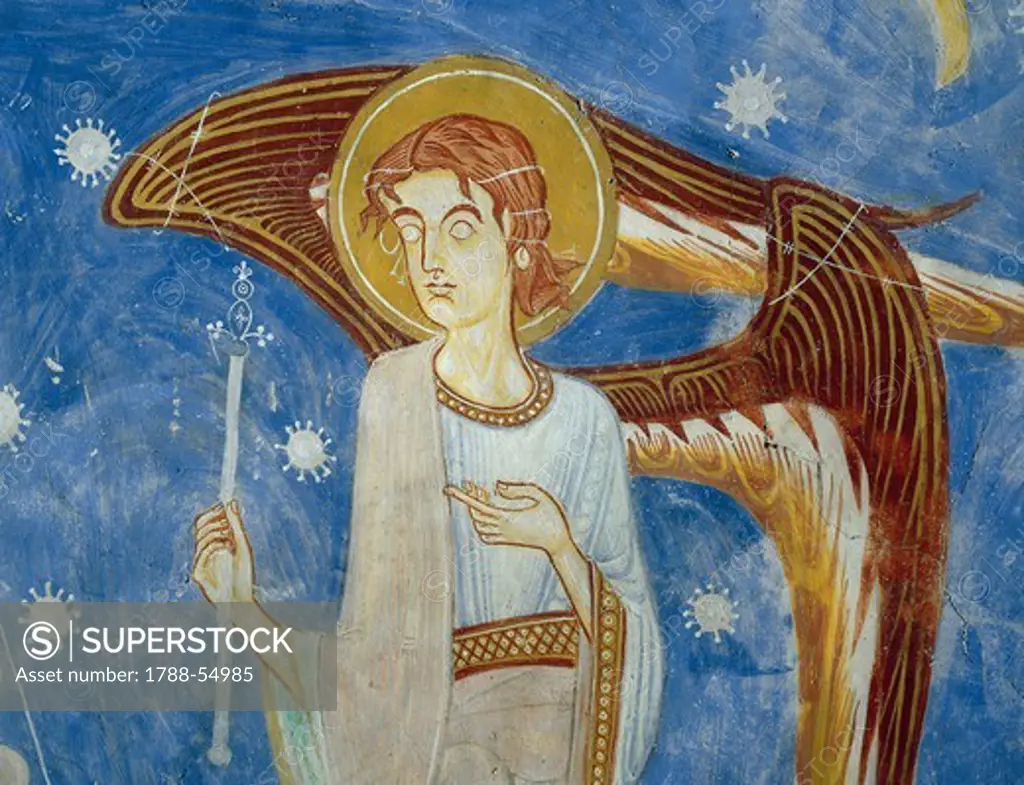 Angel, southern figure, detail of in the western arm of the frescoed stone cross (small central apse) in the crypt of Monte Maria Abbey, near Mals (Malles Venosta), Trentino-Alto Adige. Detail. Italy, 12th century.